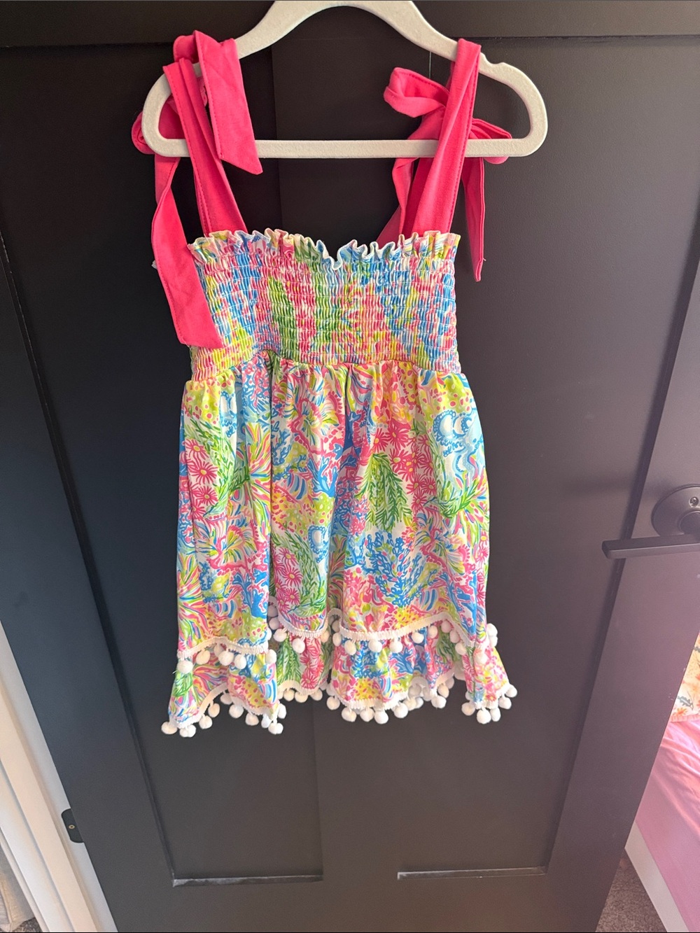 Girls Multicolor Smocked Sundress with Pink Tie Straps